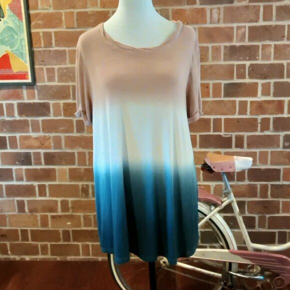 Womens π· OS Dusty Rose - White And Blue Color Bleed Short Sleeve Stretch Top π - Picture 8 of 10